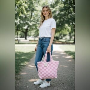 Pink Checkered Fuzzy Tote Plush Faux Fur Y2K Aesthetic Soft Girl Shoulder Bag